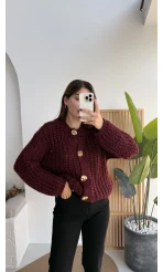 Büyük Düğmeli Örgü Hırka - Bordo