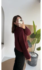 Büyük Düğmeli Örgü Hırka - Bordo