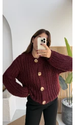 Büyük Düğmeli Örgü Hırka - Bordo