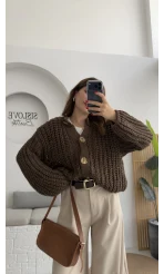 Büyük Düğmeli Örgü Hırka - Kahverengi