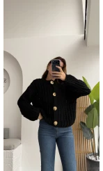 Büyük Düğmeli Örgü Hırka - Siyah