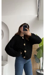 Büyük Düğmeli Örgü Hırka - Siyah