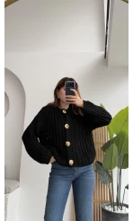 Büyük Düğmeli Örgü Hırka - Siyah