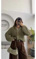 Büyük Düğmeli Örgü Hırka - Yeşil