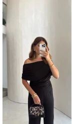 Büzgülü Bluz Pantolon Takım - Siyah - Kod: 905388