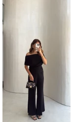 Büzgülü Bluz Pantolon Takım - Siyah - Kod: 905388