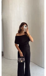 Büzgülü Bluz Pantolon Takım - Siyah - Kod: 905388