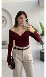 Büzgülü Çapraz Bluz - Bordo