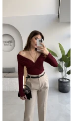 Büzgülü Çapraz Bluz - Bordo
