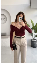 Büzgülü Çapraz Bluz - Bordo