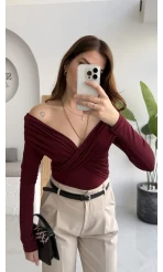 Büzgülü Çapraz Bluz - Bordo