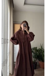 Cande Müslin Uzun Elbise Acı Kahve