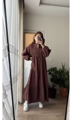 Cande Müslin Uzun Elbise Acı Kahve
