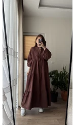 Cande Müslin Uzun Elbise Acı Kahve