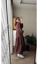 Cande Müslin Uzun Elbise Acı Kahve