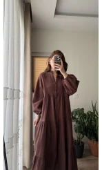 Cande Müslin Uzun Elbise Acı Kahve
