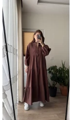 Cande Müslin Uzun Elbise Acı Kahve