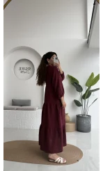 Cande Müslin Uzun Elbise - Bordo - 3007