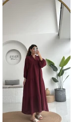Cande Müslin Uzun Elbise - Bordo - 3007