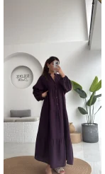 Cande Müslin Uzun Elbise - Mürdüm - 3007