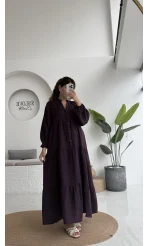Cande Müslin Uzun Elbise - Mürdüm - 3007
