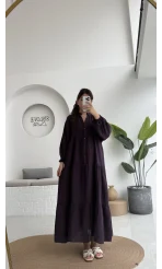 Cande Müslin Uzun Elbise - Mürdüm - 3007