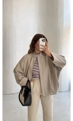Carlotta Pileli Bomber Ceket - Taş - Kod: 7781