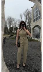 Caterina Sivri Yaka Yelek-Pantolon Takım - Ada Çayı - Kod: 8895