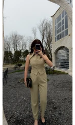 Caterina Sivri Yaka Yelek-Pantolon Takım - Ada Çayı - Kod: 8895