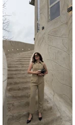 Caterina Sivri Yaka Yelek-Pantolon Takım - Ada Çayı - Kod: 8895