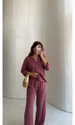 Celine Modal Bol Paça Gömlek Takım - Gül Kurusu - Kod: 7112
