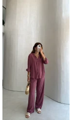 Celine Modal Bol Paça Gömlek Takım - Gül Kurusu - Kod: 7112