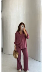 Celine Modal Bol Paça Gömlek Takım - Gül Kurusu - Kod: 7112