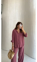 Celine Modal Bol Paça Gömlek Takım - Gül Kurusu - Kod: 7112