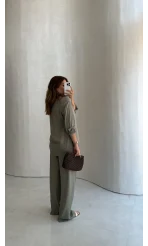Celine Modal Bol Paça Gömlek Takım - Haki - Kod: 7112