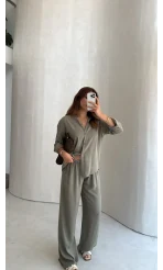 Celine Modal Bol Paça Gömlek Takım - Haki - Kod: 7112