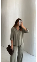 Celine Modal Bol Paça Gömlek Takım - Haki - Kod: 7112
