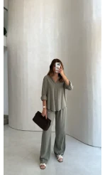 Celine Modal Bol Paça Gömlek Takım - Haki - Kod: 7112