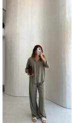 Celine Modal Bol Paça Gömlek Takım - Haki - Kod: 7112