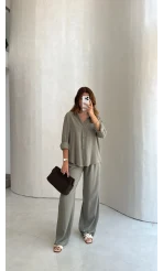 Celine Modal Bol Paça Gömlek Takım - Haki - Kod: 7112