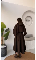 Celine Pelerin Detay Kuşaklı Elbise - Acı Kahve - Kod: 2344
