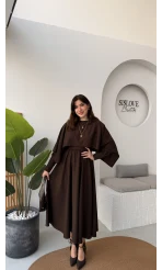 Celine Pelerin Detay Kuşaklı Elbise - Acı Kahve - Kod: 2344