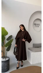 Celine Pelerin Detay Kuşaklı Elbise - Acı Kahve - Kod: 2344