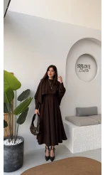 Celine Pelerin Detay Kuşaklı Elbise - Acı Kahve - Kod: 2344