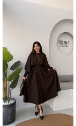 Celine Pelerin Detay Kuşaklı Elbise - Acı Kahve - Kod: 2344