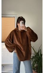 Cepli Peluş Uzun Kapüşonlu Sweatshirt Acı Kahve