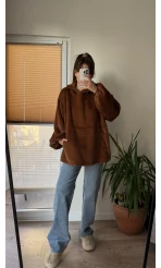 Cepli Peluş Uzun Kapüşonlu Sweatshirt Acı Kahve