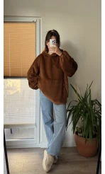 Cepli Peluş Uzun Kapüşonlu Sweatshirt Acı Kahve