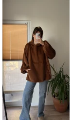Cepli Peluş Uzun Kapüşonlu Sweatshirt Acı Kahve