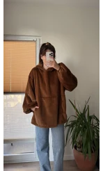 Cepli Peluş Uzun Kapüşonlu Sweatshirt Acı Kahve